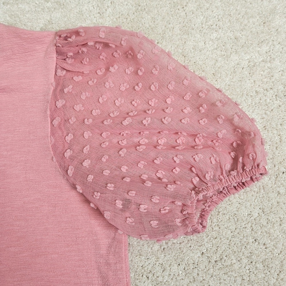 Maeve By Anthropologie Top L Pink Swiss Dot Puff Sleeve Fairy Romantic Crew Neck - Picture 4 of 6